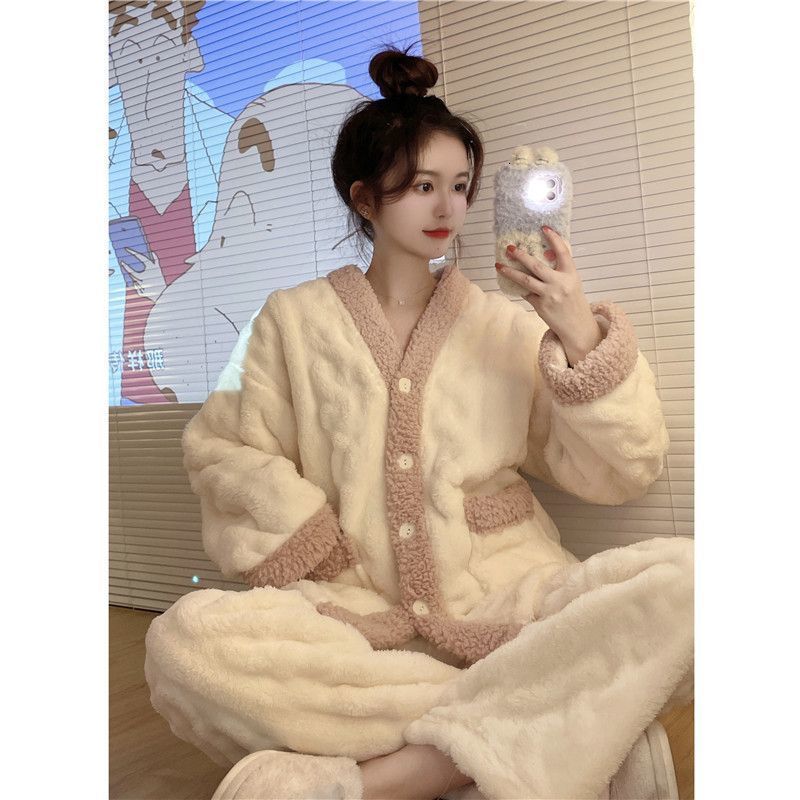 

Women's Sleepwear Winter small fragrant wind facecloth pajamas set female plus velvet sweet coral fleece home wear can be worn outside 230203, Cardigan suit