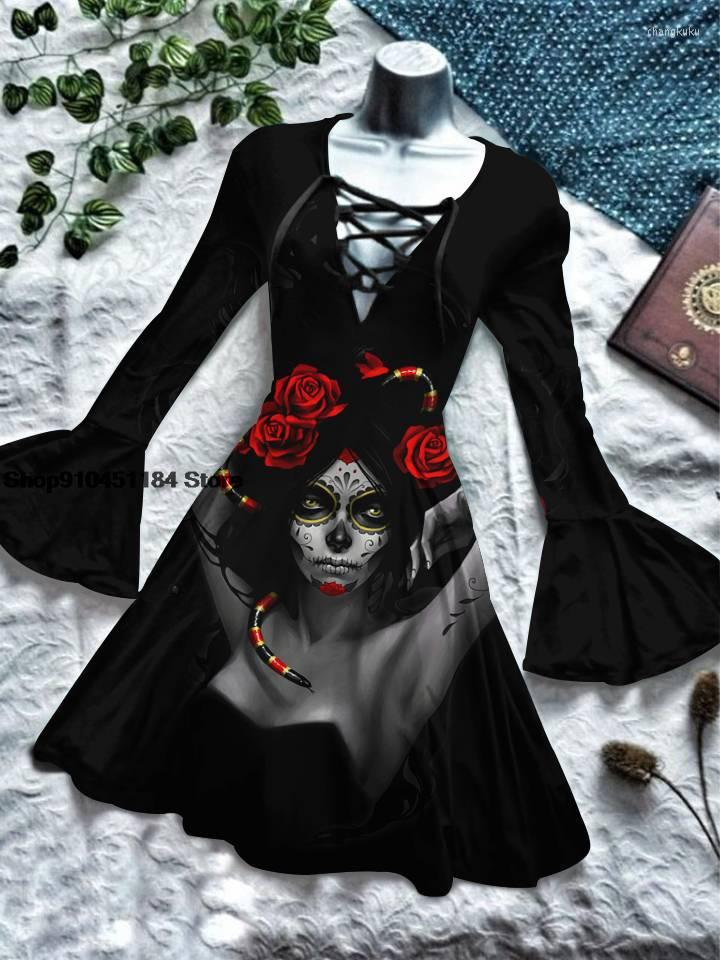 

Casual Dresses 2023 Womens Vintage Print Flare Long Sleeve Evening Party Swing Dress Halloween Holiday Decoration Sexy Drawstring Costume, Afq3147571