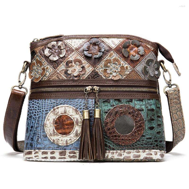 

Evening Bags Retro Genuine Leather Shoulder Bag Women Alligator Cowhide Small Handbags Tassel Purse National Patchwork Applique Crossbody, Retro patchwork