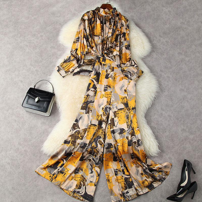 

Women' Two Piece Pants QUALITY Est Fashion 2023 Designer Set Spring Printed Bow Short Shirt High Waist And Wide Leg Trumpet Sui, Picture shown
