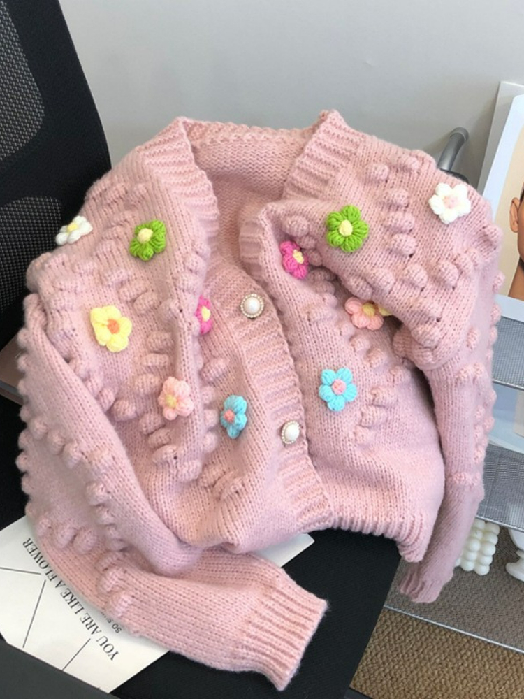 

Women' Knits Tees Sweet 3D Flower Low Neck Single Breasted Cardigan Sweater Autumn Dress Loose Slim Long Sleeve Knitwear sweaters 230202, Blue