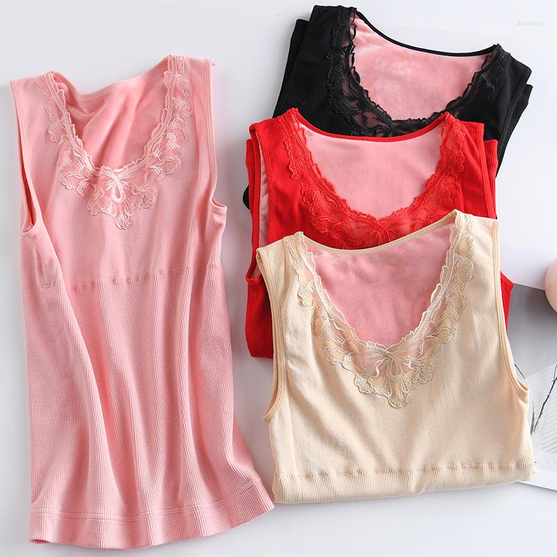 

Camisoles & Tanks Winter Plus Velvet Thick Embroidered Collar Bottoming Vest Horse V-neck Lace Slim Warm Female, Black