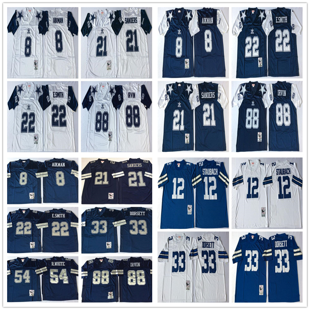 

Vintage Stitched 8 Troy Aikman Football Jersey 12 Roger Staubach 21 Deion Sanders 22 Emmitt Smith 33 Tony Dorsett 88 Michael Irvin White Blue Jersey, Same as picture