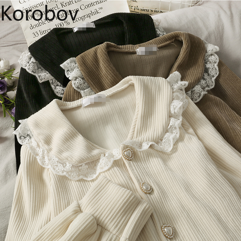 

Women's Blouses Shirts Korobov Korean Vintage Lace Patchwork Female Shirts Office Lady Elegant Peter Pan Collar Blusas Mujer Single Breasted Blouses 230203, Apricot