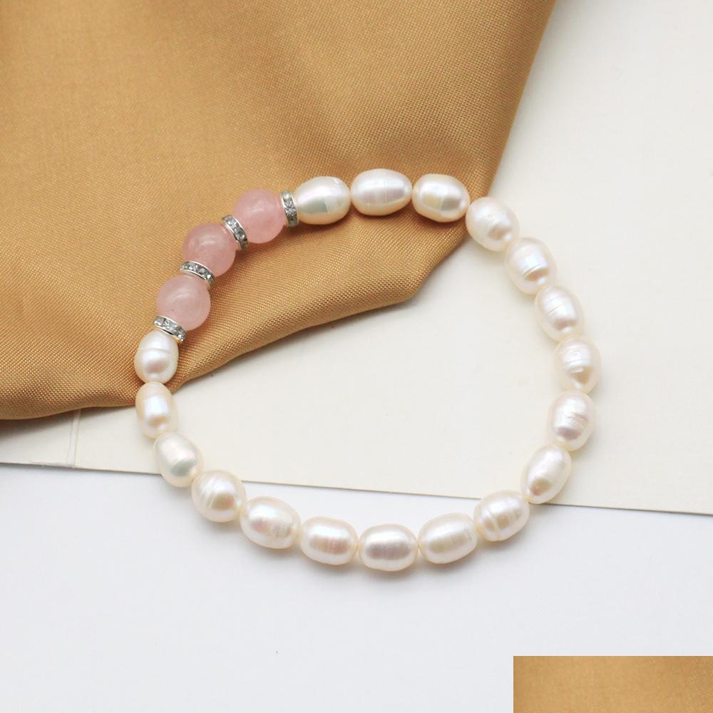 

Beaded Handmade Freshwater Ctured White Rice Pearl Strand Bracelet Oval Shape With Three Round Gemstones Stretched Bangle For Women Dhke2