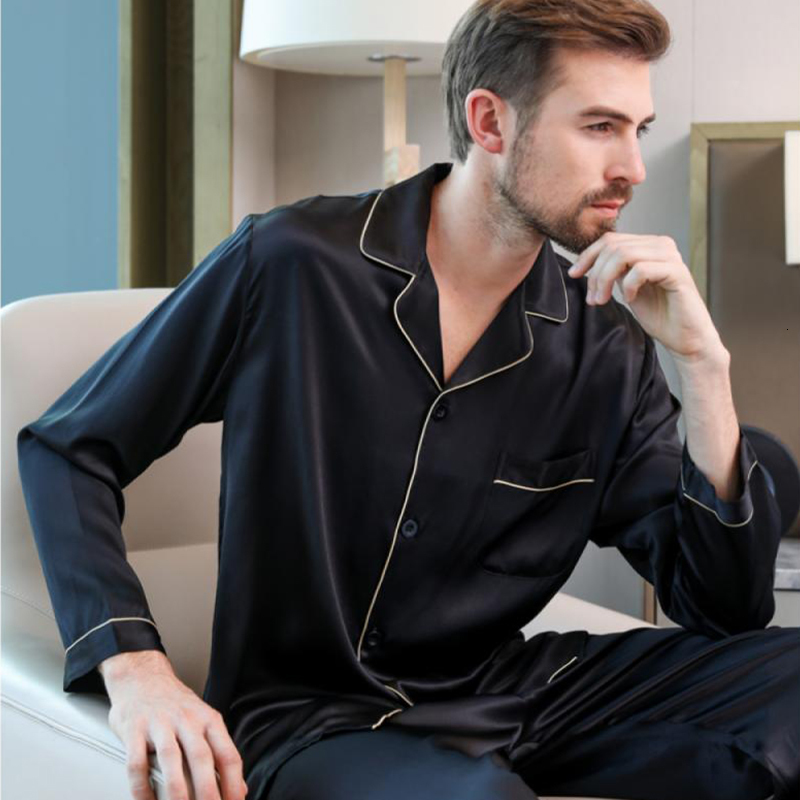 

Men' Sleepwear SUO CHAO S8XL Silk Satin Pajamas Sets For Long Sleeve Lapel Cardigan Top Trousers Comfortable Pyjamas Homewear 230202, Black