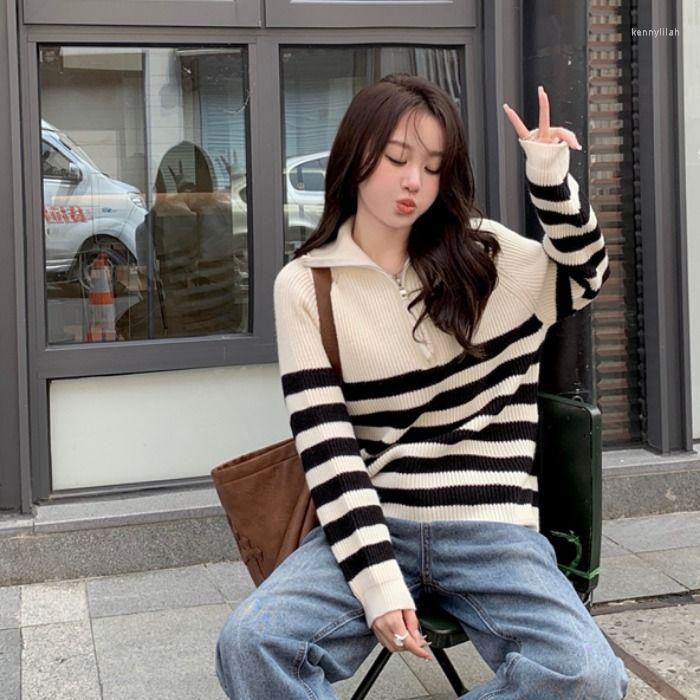 

Women' Sweaters Loose Lazy Sweater High Collar Long Zipper Korean Striped Style Autumn And Winter, Black