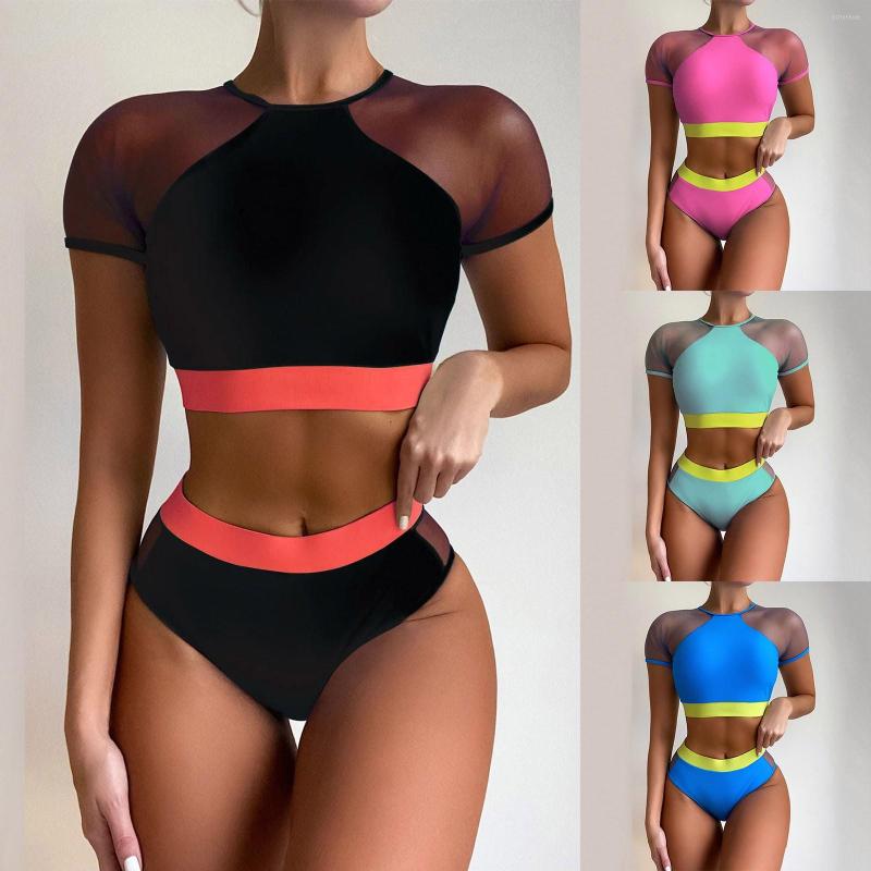 

Women's Swimwear Women Two Piece Mesh Splicing Suits Sexy Split Swimsuit Bikini Beachwear, Blue