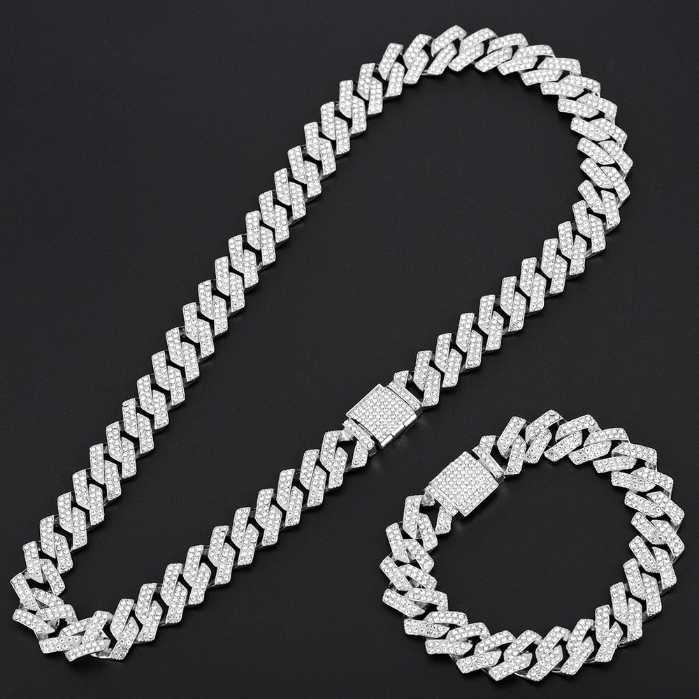 

Strands Strings 15mm Miami Prong Cuban Chain Link Silver Color Necklaces 2 Row Full Iced Out Bracelet Set for Mens Hip Hop Chains 230202
