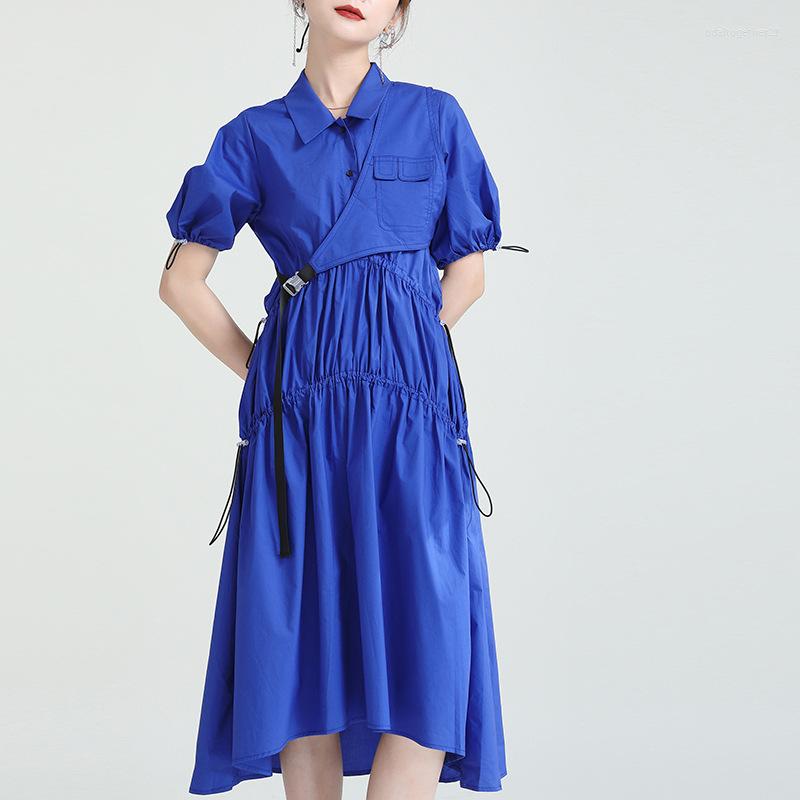 

Party Dresses Fashion Tide Spring Summer 2023 Women Blue Pleated Big Size Long Shirt Dress Lapel Short Sleeve Loose Fit