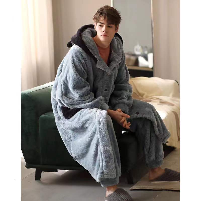 

Men's Sleepwear Coral Fleece Nightgown Winter Plus Size Suit Thicken Warm Bathrobe Fashion Male Pajama Set Robes Sets 230202, Color16