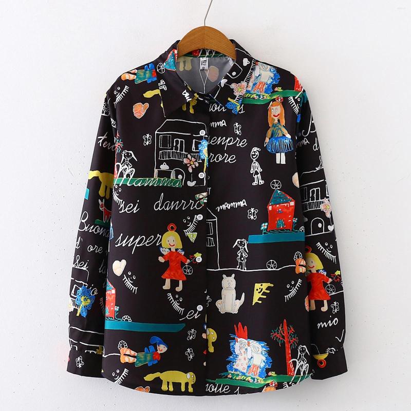 

Women's Blouses Fashion Autumn Women Turn-down Collar Button Loose Cartoon Printed Blouse Long Sleeve Shirt Vintage Tops Feminina Blusa#g3, Black