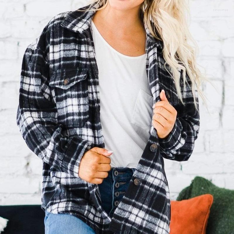 

Women' Jackets Button Shirt Coats Women Outerwear Color Block Long Sleeve Lapel Plaid Tops With Pockets Autumn Spring Female, Black