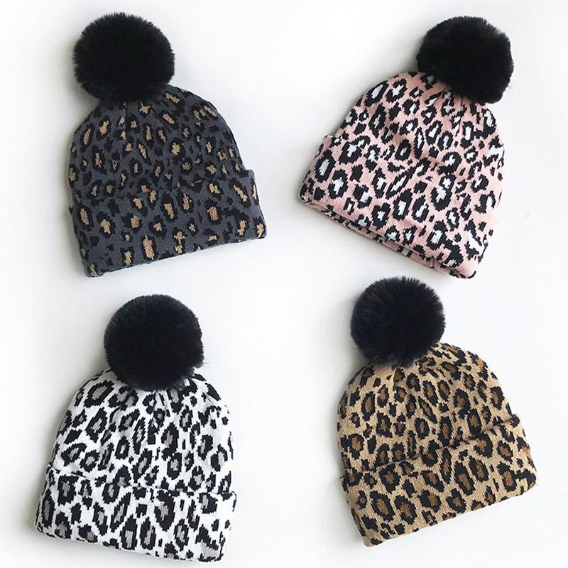 

Hats Caps & Autumn Winter Baby Hat For Children Leopard Printed Knitted Kids Girl Boy Beanie Pompom Thick Warm Toddler Infant Bonnet, White