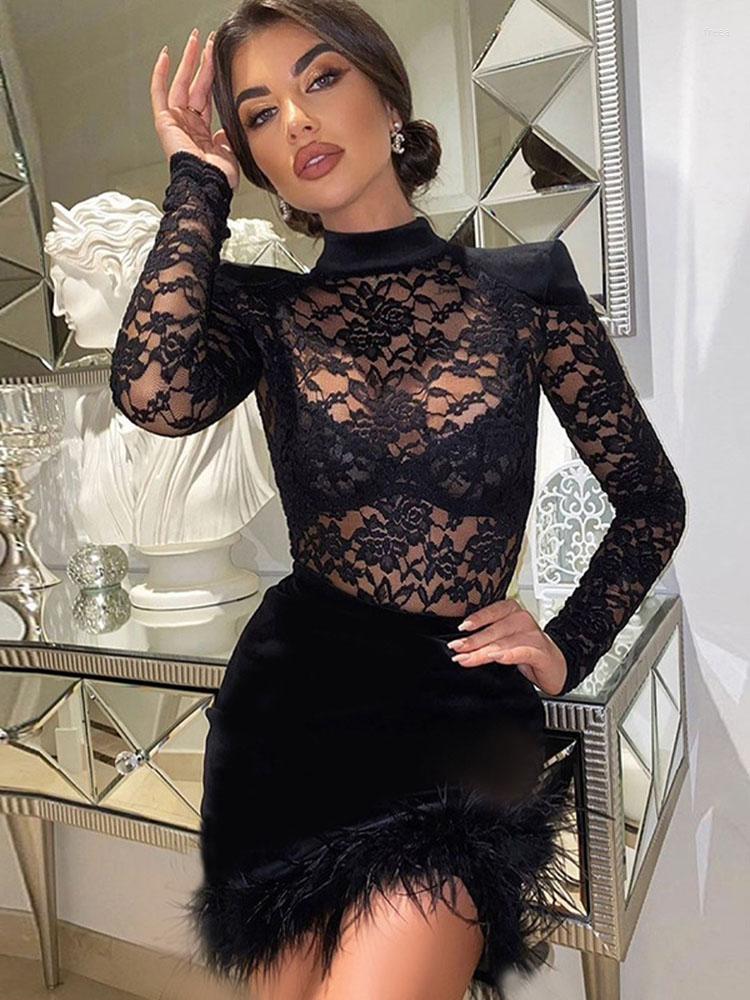 

Casual Dresses Sexy Full Sleeve O Neck Lace Fashion Velvet For Women Autumn Elegant Gown Feathers Patchwork Bodycon Mini Party Dress, Black