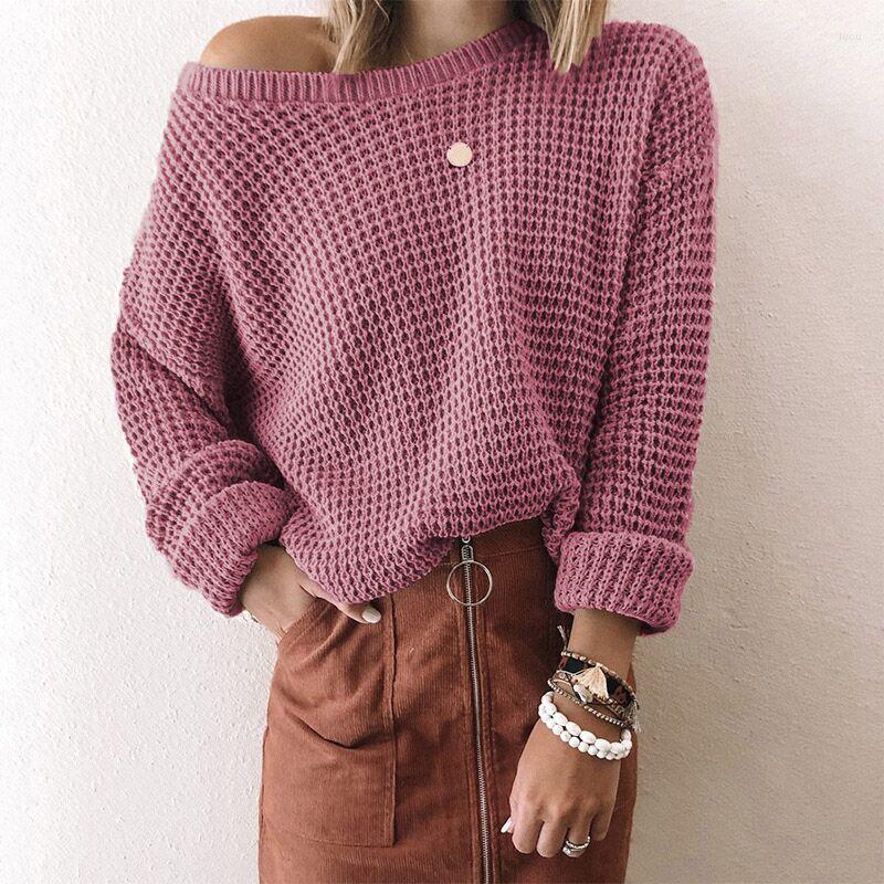 

Women's Sweaters Casual Loose Women's Knitted Thicken Pullovers 2023 Autumn Winter Solid Oblique Collar Long Sleeve Top, Auburn