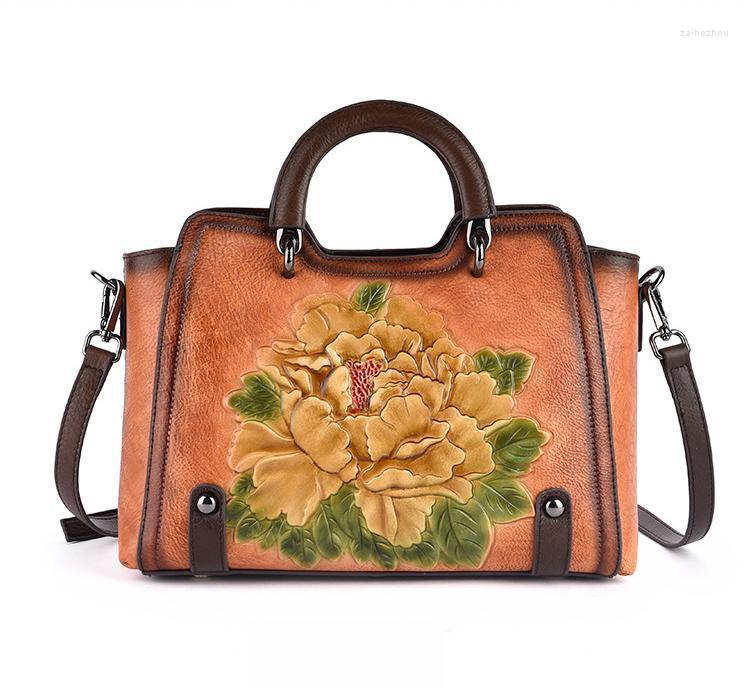 

Evening Bags 2023 INS LADY Retro Cowhide Embossed Large Capacity Women Handbag Genuine Leather Floral Casual Shoulder&Crossbody, Brown