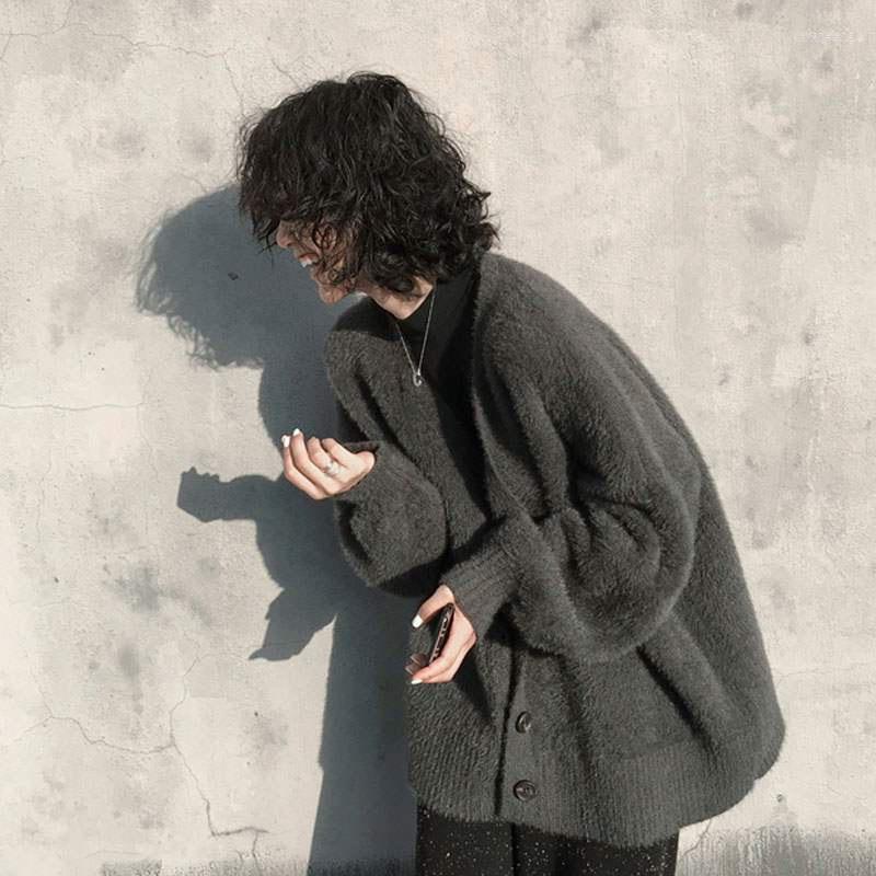 

Women' Knits Women Faux Mink Cashmere Cardigan Loose Fit Puff Sleeve Long Coat Thickness Warm Knitted Sweater Outwear, Black