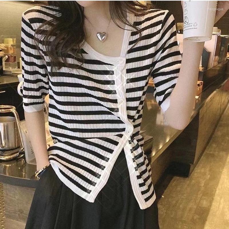 

Women' T Shirts Short Sleeve Women Cardigan Ladies Summer Clothing Ice Silk O-Neck Striped Knitted Tshirts Feminine Fashion Sweaters E17, White