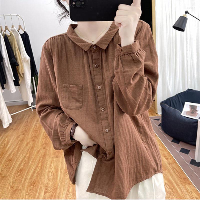 

Women's Blouses Women Solid Casual Cotton Shirt Blouse Spring Autumn Long Sleeve Lapel Vintage Button Up Office Lady Tunics Harajuku Top, Green thin