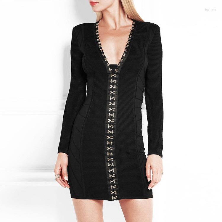 

Casual Dresses High Quality Sexy Long Sleeves Buttons Design Mini Dress Women Bodycon Bandage, Black