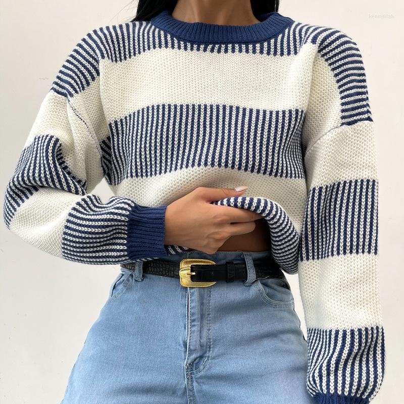 

Women' Sweaters Women Contrast Color Knitted Sweater Round Neck Long Sleeve Pullover Autumn Winter Casual Fashion Tops, Blue
