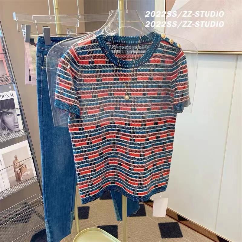 

Women' T Shirts Xiaoxiangfeng T-shirt Short Sleeve Women' Summer 2023 Small Color Stripe Matching Round Neck Top, Blue