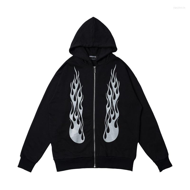 

Men's Hoodies Loose Flame Printed Zipper Sweatshirts Mens Hip Hop Hipster Rock Streetwear Hoodie Jumper Tops Clothes Sweatshirt, Black