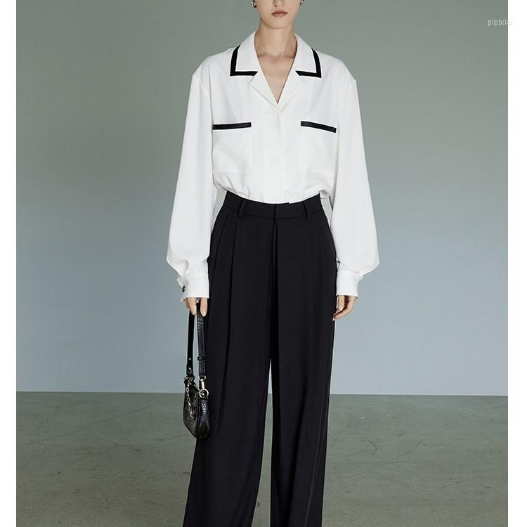 

Women' Blouses Women Spring White Black Patch Design Turn Down Collar Womens Tops And Fashion Shirt Blusas Roupa Feminina