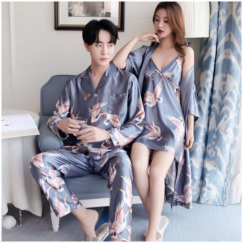 

Men's Sleepwear Lovers Ice Silk Men Pajamas 2pcs Fashion Summer Set Casual Print Couples Home Clothes Long Sleeve Pyjamas 230202, Style 08