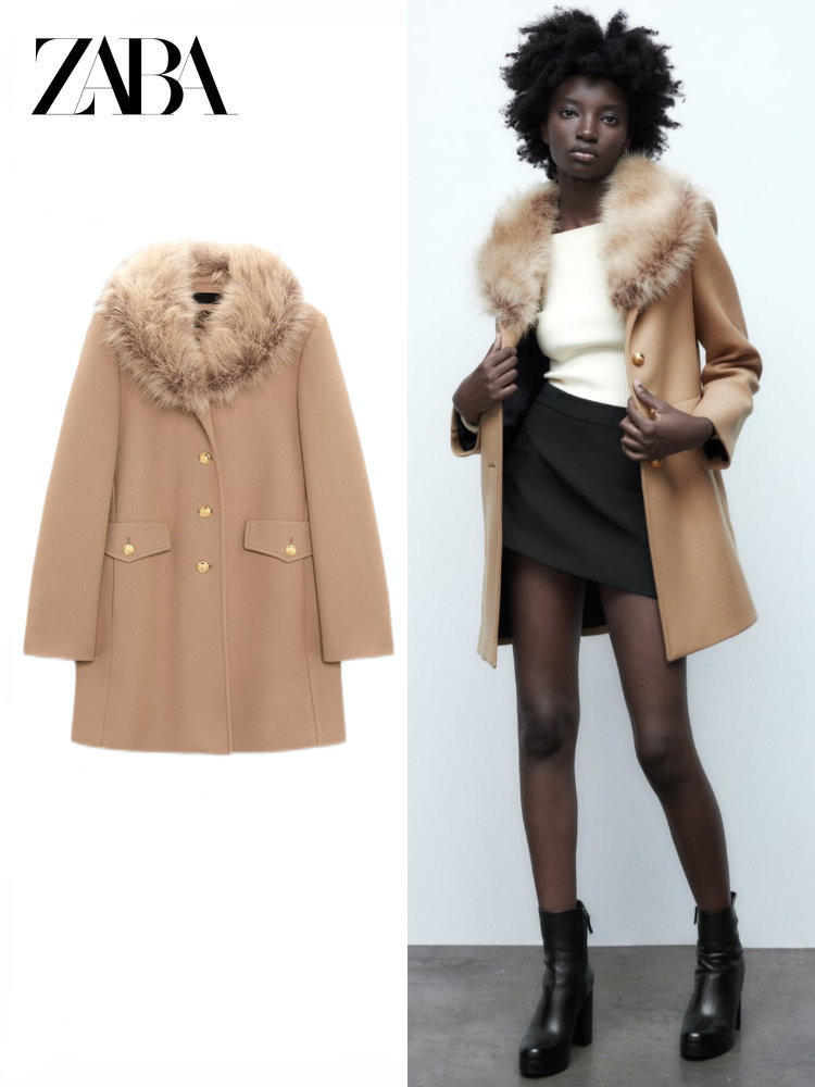 

Womens Knits Tees ZABA Autumn and Winter Detachable Fur Collar Warm Midlength Coat Longsleeved Singlebreasted 230202, Beige