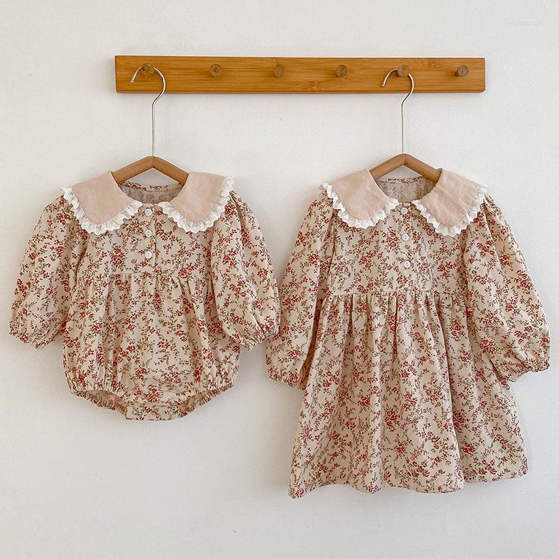 

Girl Dresses Kids Princess Baby Girls Rompers Floral Printing Long Sleeve Cotton Sister Dress Autumn Spring Children Clothes, K2468 white