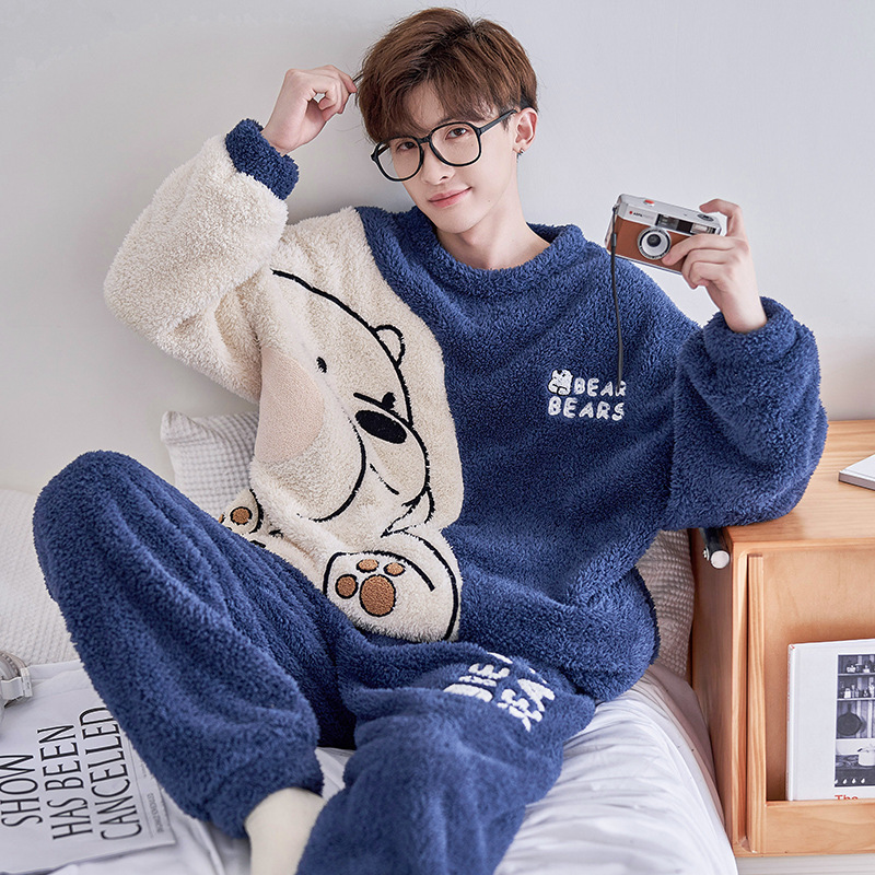 

Men's Sleepwear Winter Long Sleeve Thick Warm Flannel Pajama Sets for Men Coral Velvet Cute Cartoon Suit Pyjamas Homewear Clothes 230202