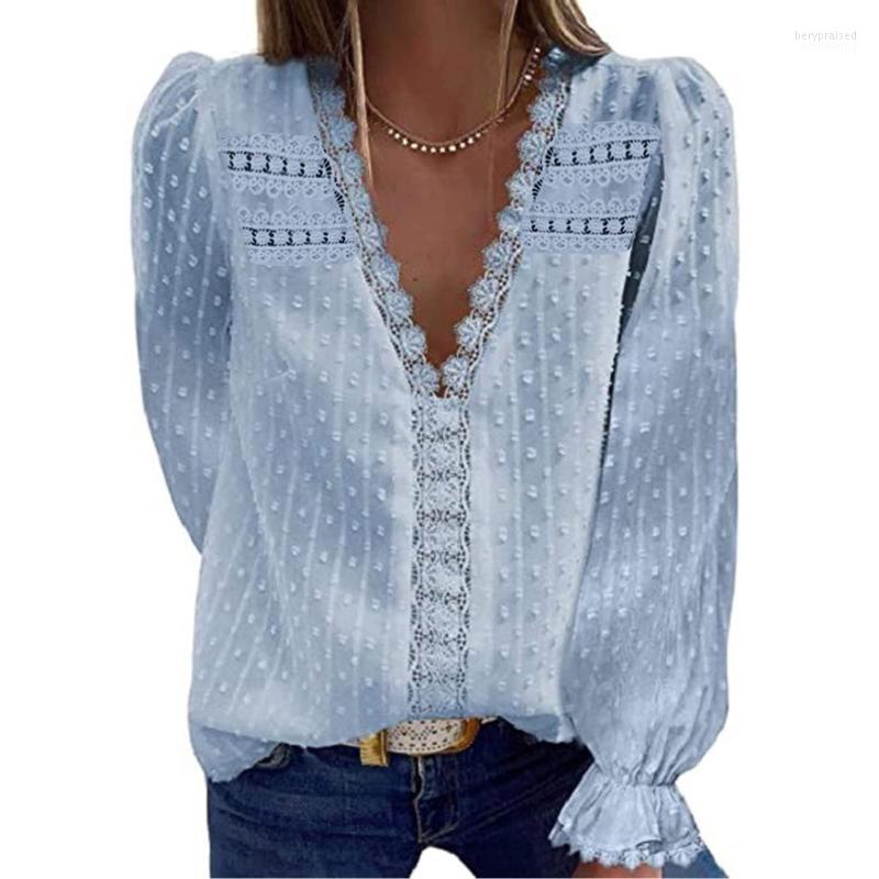 

Women' T Shirts Womens Long Sleeve Neck Top For Women Loose Fashion Lace V-Neck Solid Sleeves Blouses Win Tunic TopsWomen, Blue