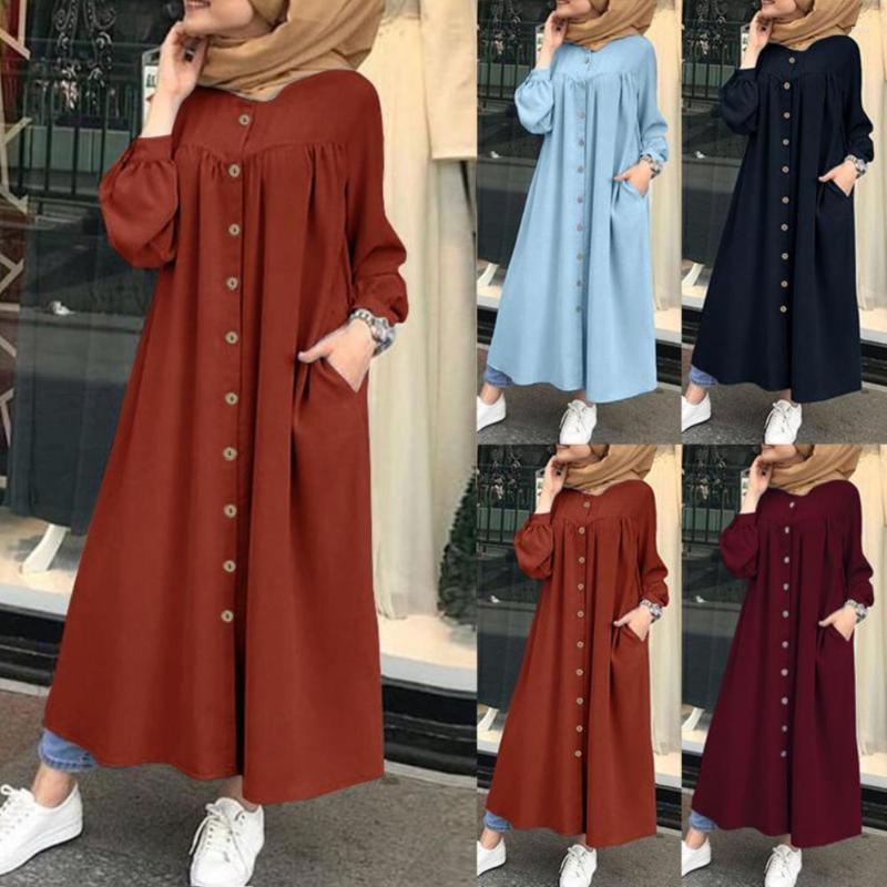 

Casual Dresses Plus Size 4xl Women Autumn Winter Long Puff Sleeve Buttons Pockets Loose Maxi Shirt Dress Robe Vestidos, Navy blue