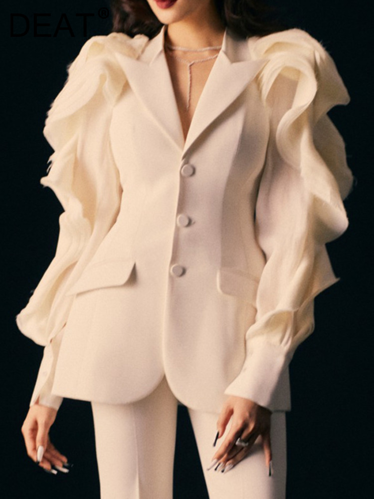 

Women's Suits Blazers DEAT Fashion Blazer Notched Single Breasted Mesh Folds Long Sleeve Suit Jackets Temperament Summer 2023 17A2033 230203, White