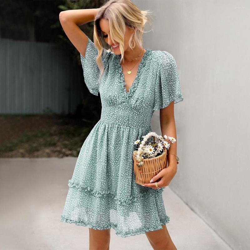 

Party Dresses Ladies Summer Trendyol Vintage Lotus Leaf Sleeve Fashion V Neck Sexy Solid Color Floral Casual Short, Light green