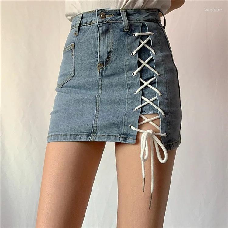 

Skirts In Spring And Summer Of 2023 The High Waist Slim Personality Split Hip Skirt Denim Women' Wear Harajuku, Blue