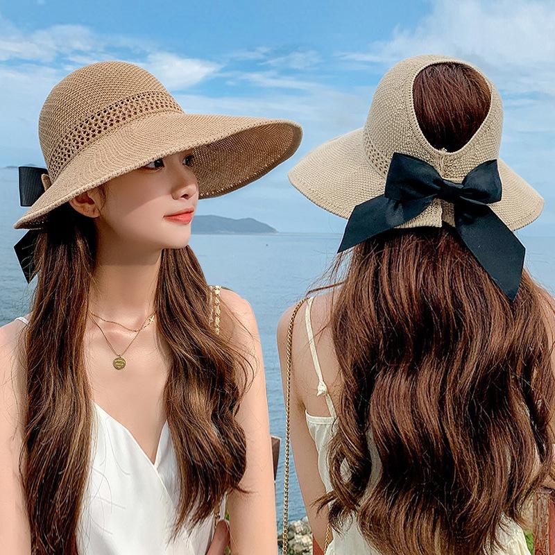 

Wide Brim Hats Bucket Hat Empty Top Sun For Women Bowknot Big 15cm Solid Summer Female Caps Beach Chapeau FemmeWide, Black