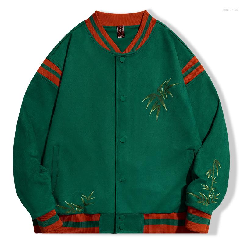 

Men's Hoodies Men Suede Green Bamboo Leaves Embroidery Jacket Single Breasted Coat Baseball Outwear Tops