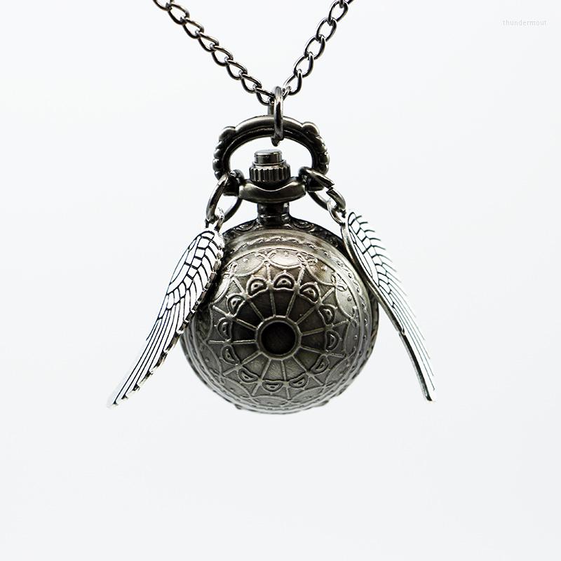 

Pocket Watches Sales Retro Silver Ball Shaped Quartz Watch Fashion Sweater Angel Wings Men Women With Fob Chain CF1123, Picture shown