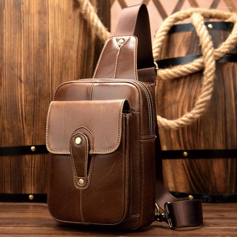 

Waist Bags Genuin Leather Chest For Men Retro Package Casual Shoulder Bag Outdoor Messenger Waterproof, Coffee