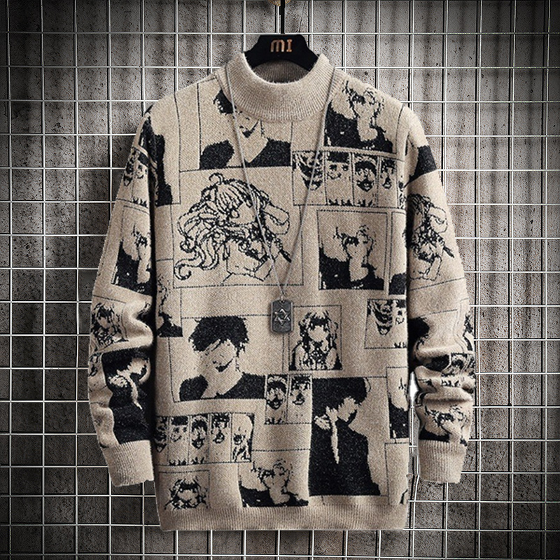 

Men's Sweaters Anime Winter Long Sleeve Pullovers Clothes Streetwear Cartoon Pattern Mock Neck Japan 230203, Khaki