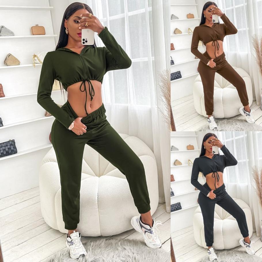 

HBP European Women' Two Piece Pants Fashion tracksuits slim open navel trousers top two-piece casual sports running suit Size -XL, Gray
