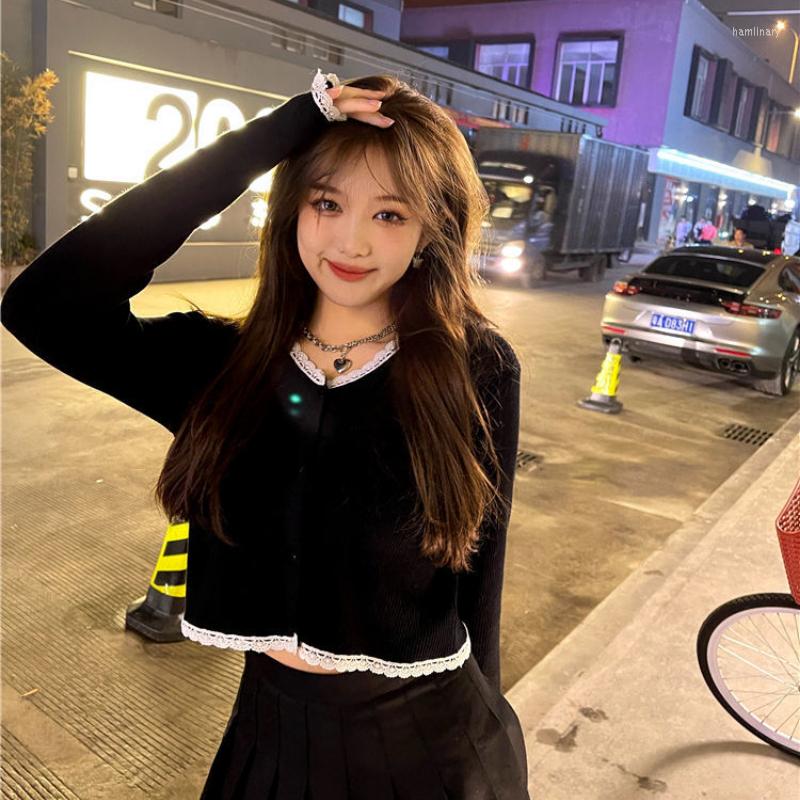 

Women's Knits Woman Cropped Cardigan Fashion Women Sweaters Elegant Button Long-Sleeved Knitted Cardigans Sweater Female Jacket Coat, Black
