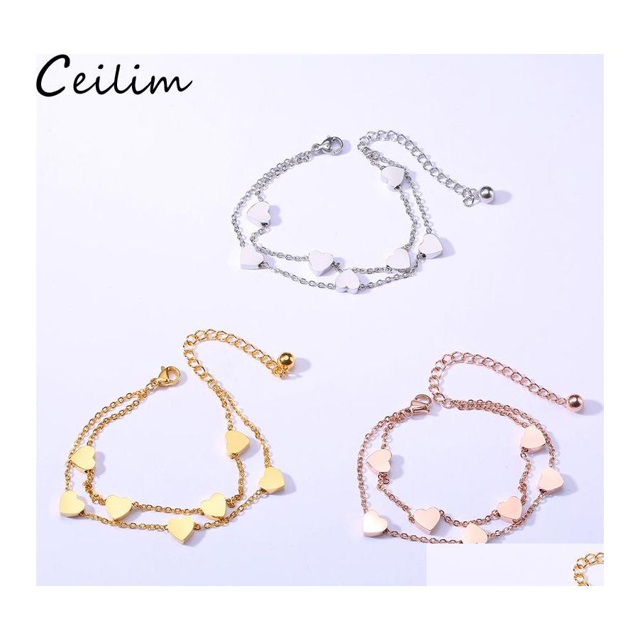 

Link Chain Simple Design Stainless Steel Charm Bracelet 2 Layers Rose Gold Link Mini Hearts Lover Fashion Sweety Style For Drop Del Otddx