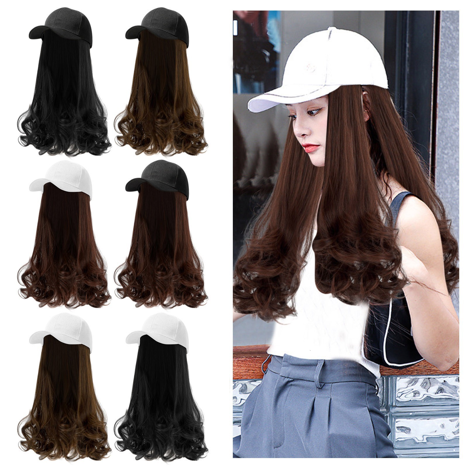 

Ball Caps Baseball With Hair Extensions Synthetic Wig Hat Attached Long Pear Roll Plain 230203