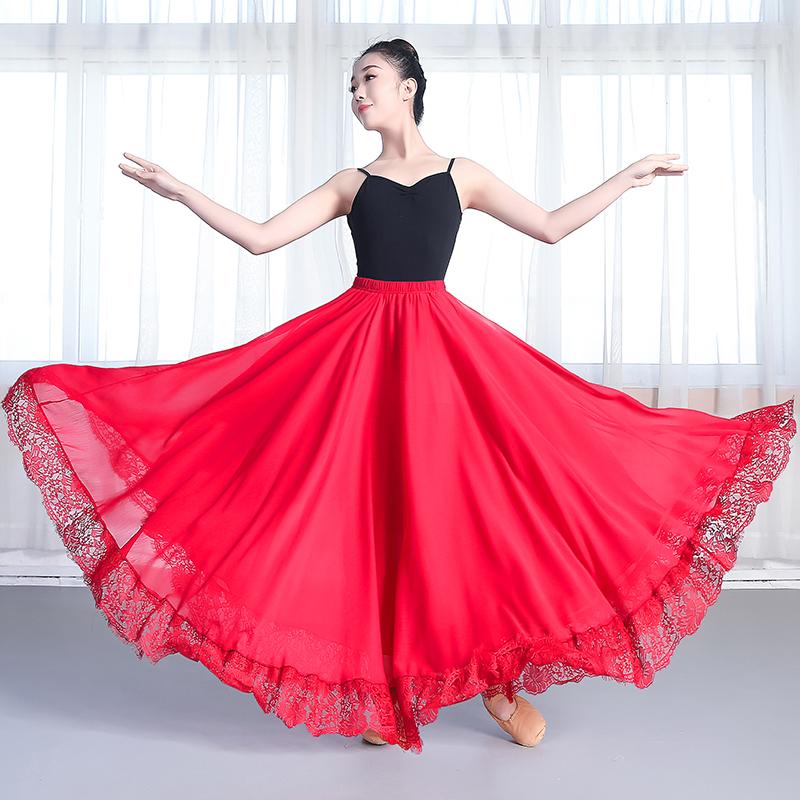 

Skirts TingYiLi Lace Hem Long Maxi Womens Spring Summer Big Swing Dance Skirt Holiday Beach Retro Red Green Black Chiffon