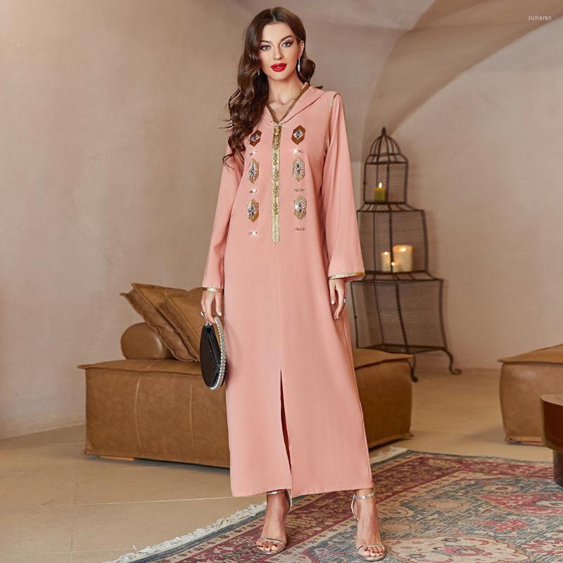 

Ethnic Clothing Pink Handmade Diamond Moroccan Muslim Women Hooded Dress Abayas For Vestidos Largos Caftan Marocain