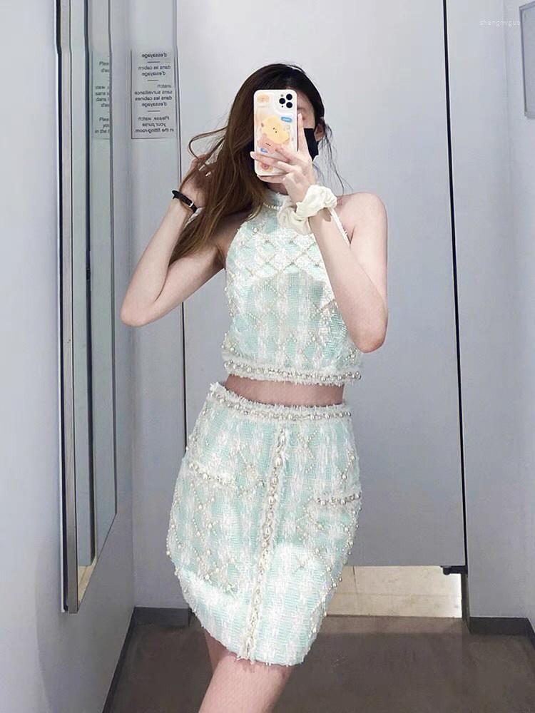 

Women' Tanks 2023SS Summer Fashion Luxury Wool Pearl Tweed Vest Female Chic Halter Tank Tops Tee Ddxgz2 11.29, Green